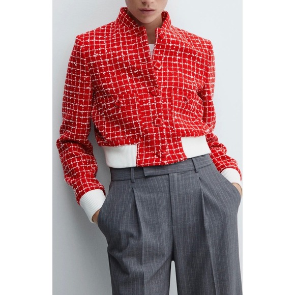 Mango Jackets & Blazers - Mango Helena Red White Tweed Bomber Jacket Mock Neck Cropped XL NEW 57086010